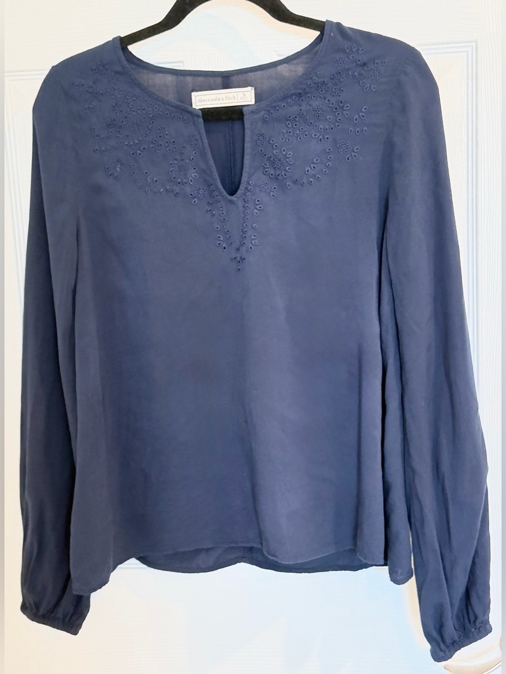 Abercrombie & Fitch Navy Eyelet-Embroidered Long-Sleeve Blouse
